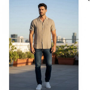 Psycho Bunny Windcrest Linen Short Sleeve Shirt Men’s Beige Loop Collar Sz L